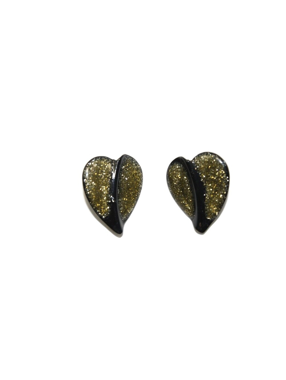 Vintage Black Enameled Gold Glitter Heart Stud Earrings.